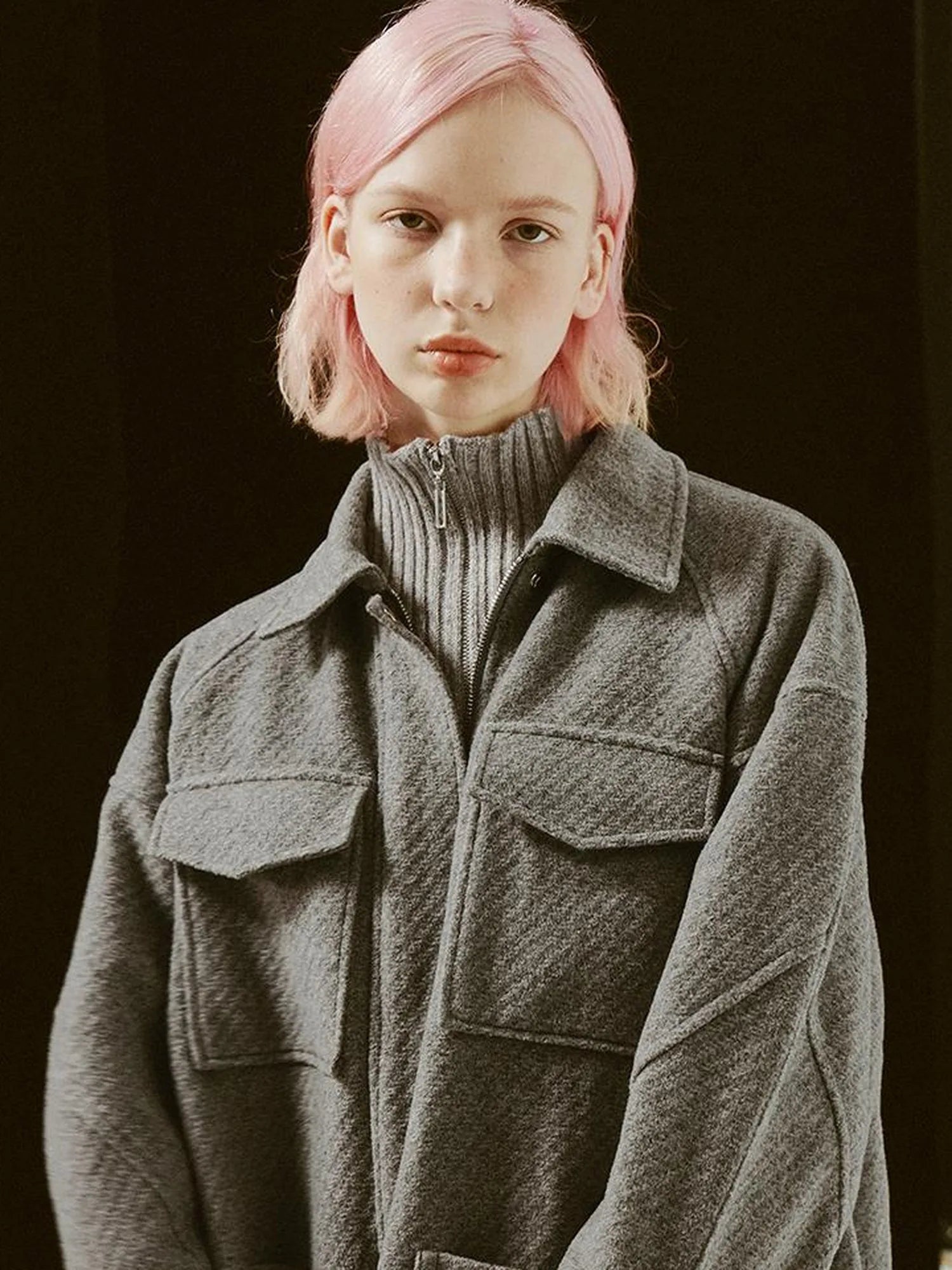 Vtg Wool Blend Curved Hem Sand Grey Patchwork Jacket