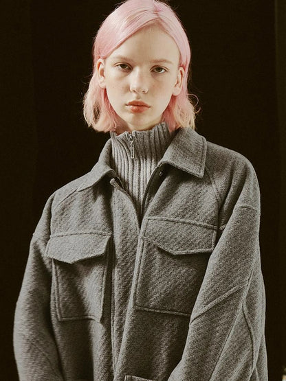 Vtg Wool Blend Curved Hem Sand Grey Patchwork Jacket