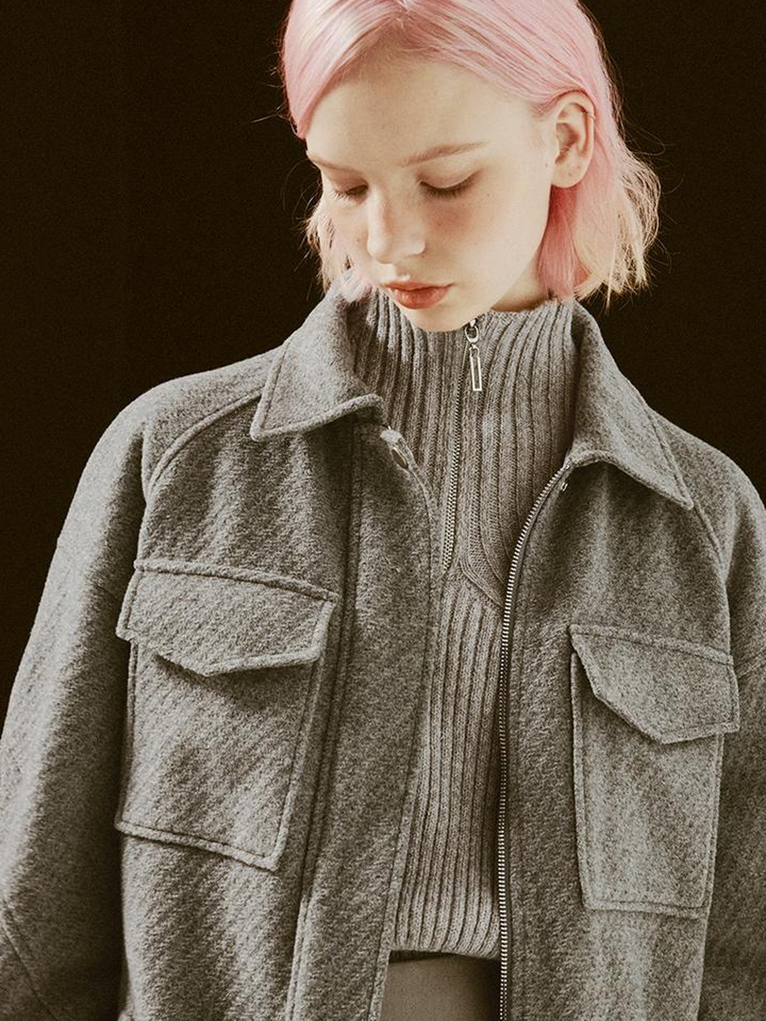 FUSSED Vtg Wool Blend Curved Hem Sand Grey Patchwork Jacket