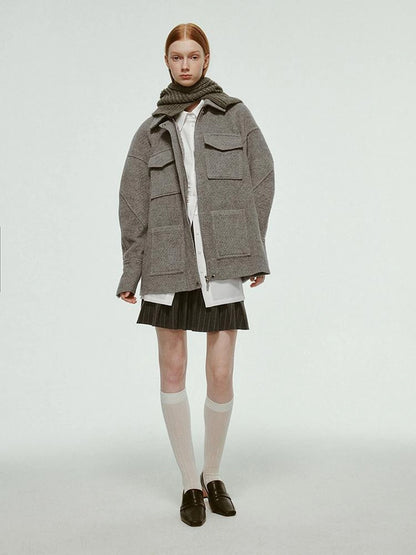 Vtg Wool Blend Curved Hem Sand Grey Patchwork Jacket