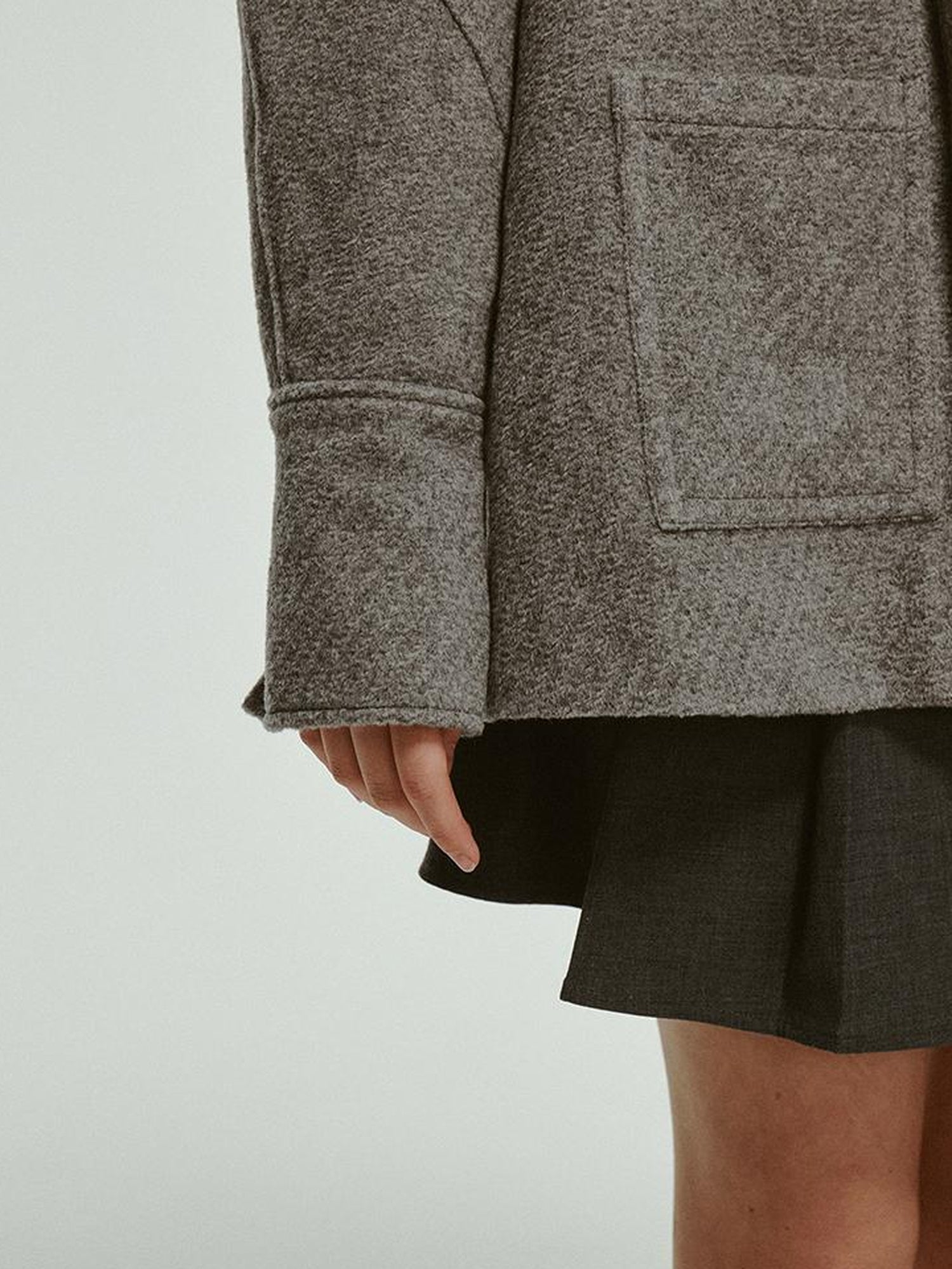 FUSSED Vtg Wool Blend Curved Hem Sand Grey Patchwork Jacket