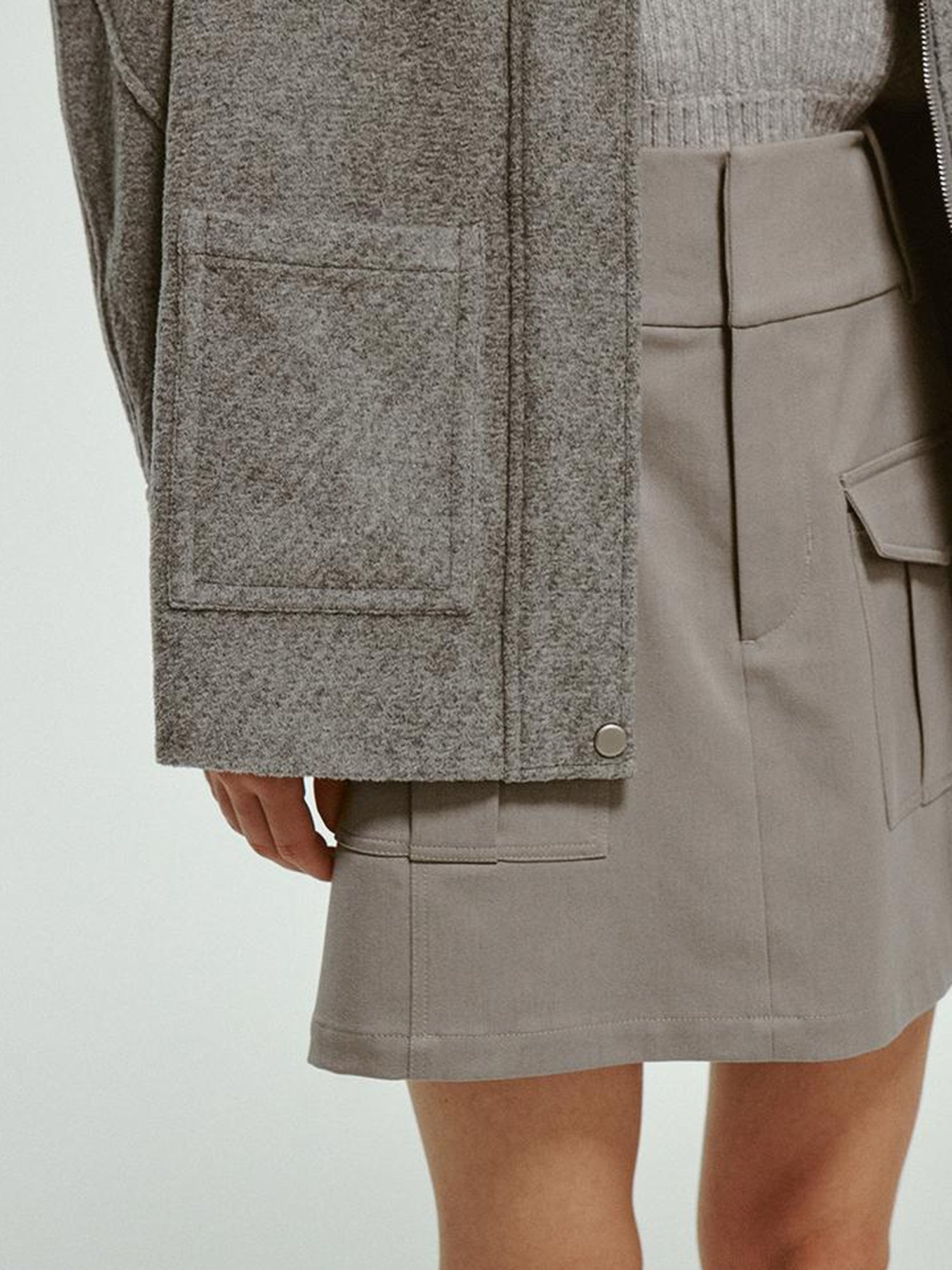 FUSSED Vtg Wool Blend Curved Hem Sand Grey Patchwork Jacket
