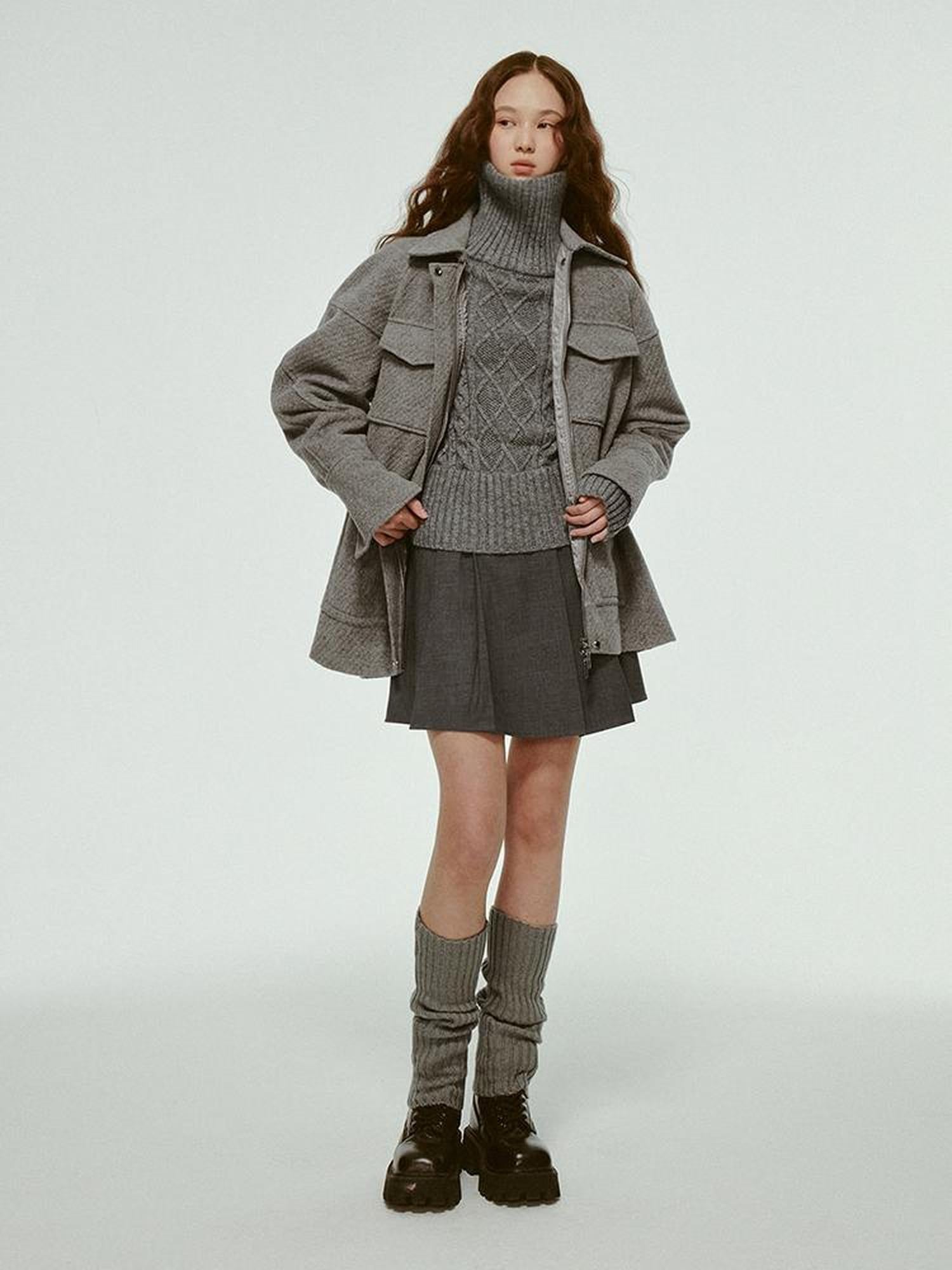FUSSED Vtg Wool Blend Curved Hem Sand Grey Patchwork Jacket