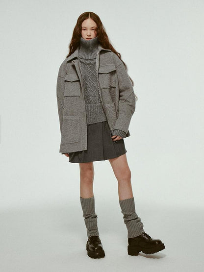 FUSSED Vtg Wool Blend Curved Hem Sand Grey Patchwork Jacket