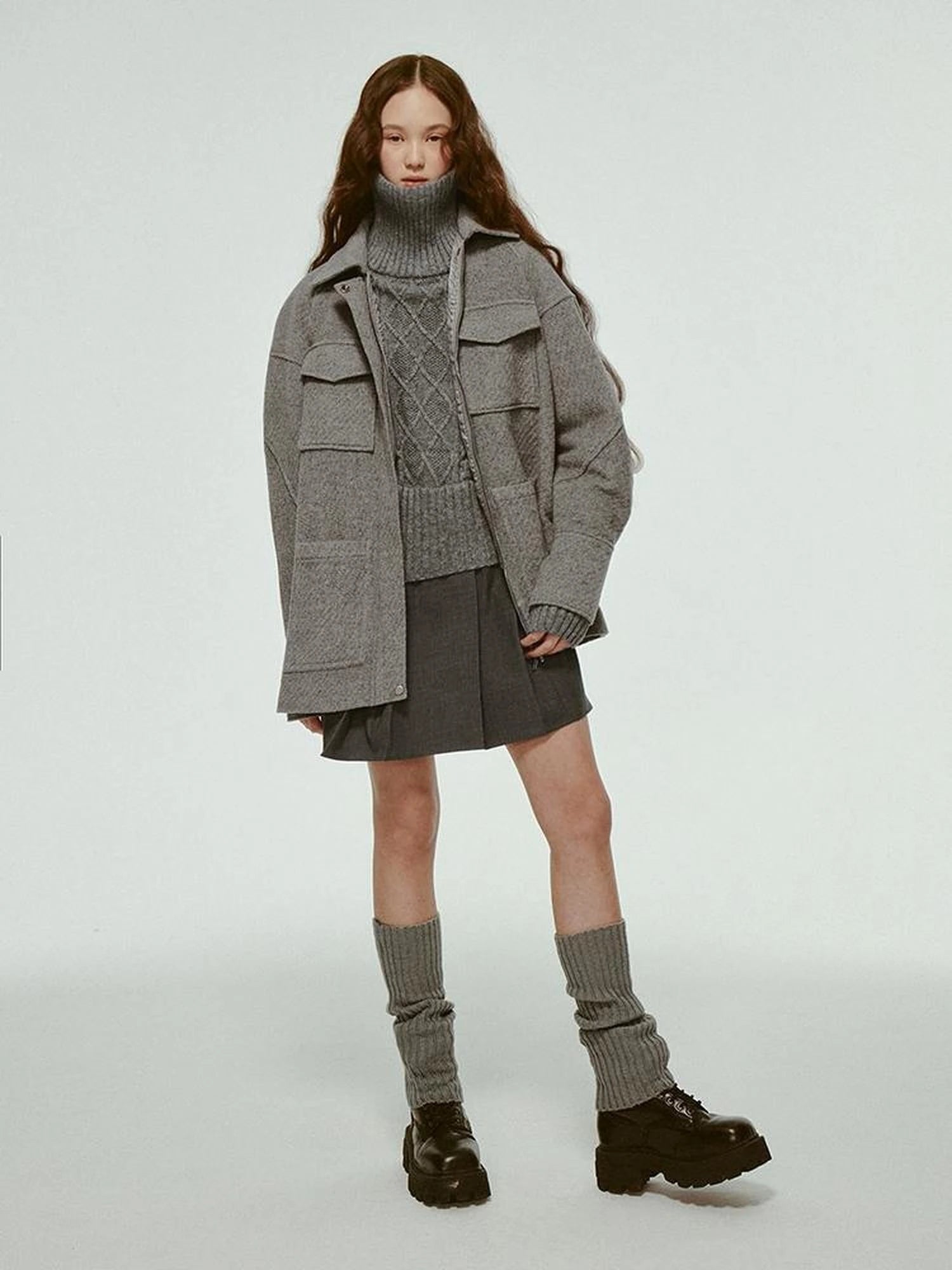 Vtg Wool Blend Curved Hem Sand Grey Patchwork Jacket