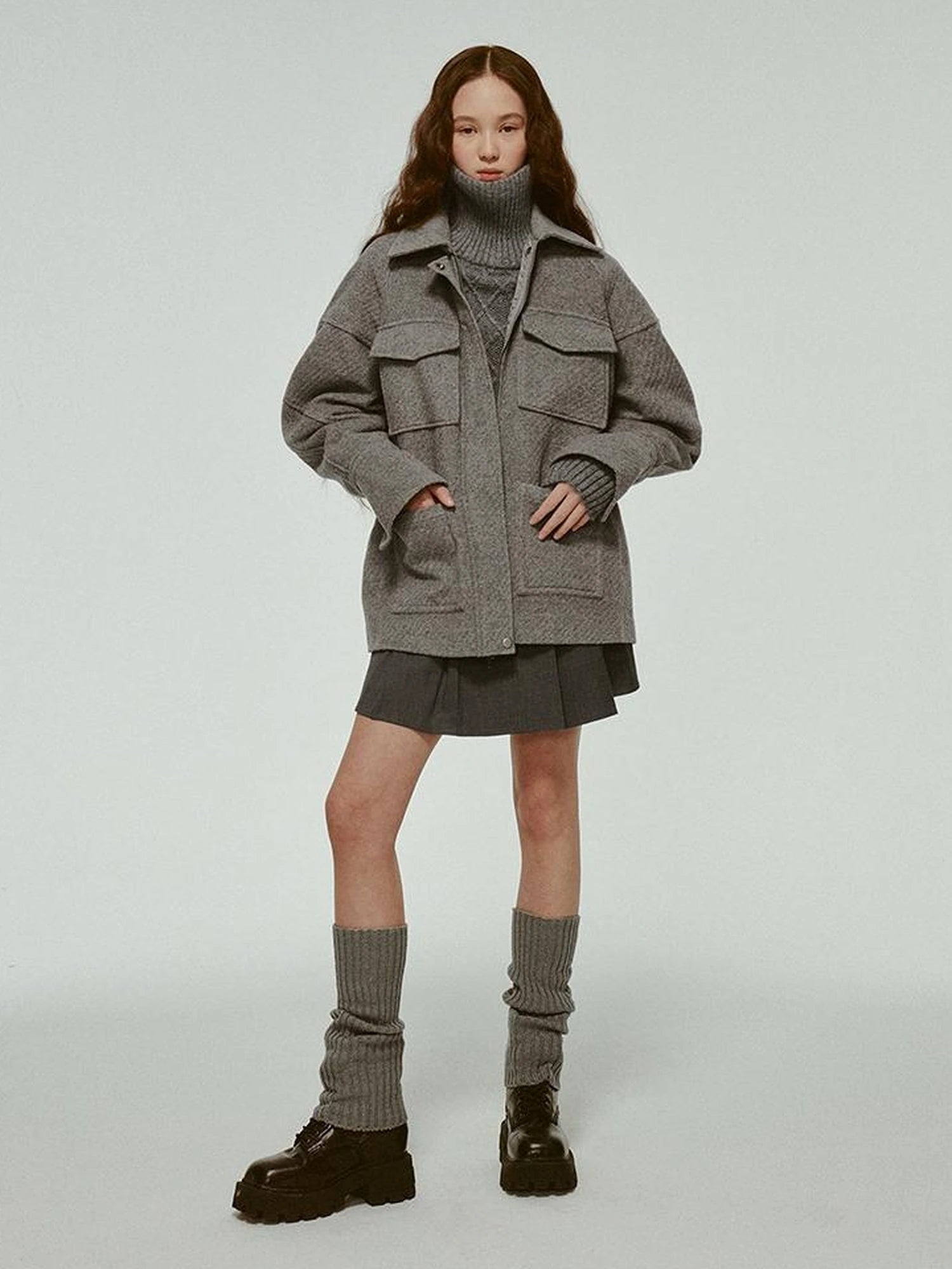 Vtg Wool Blend Curved Hem Sand Grey Patchwork Jacket