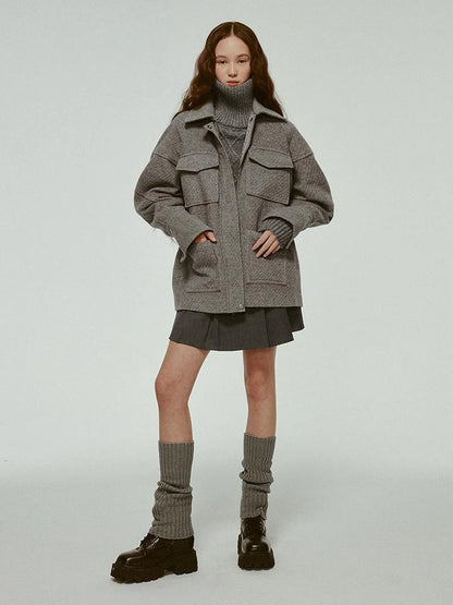 Vtg Wool Blend Curved Hem Sand Grey Patchwork Jacket