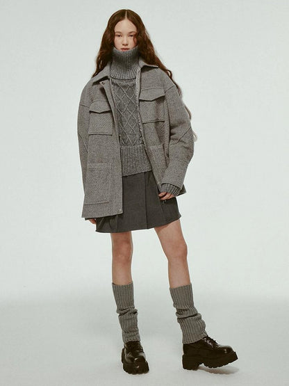 Vtg Wool Blend Curved Hem Sand Grey Patchwork Jacket