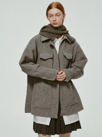 FUSSED Vtg Wool Blend Curved Hem Sand Grey Patchwork Jacket