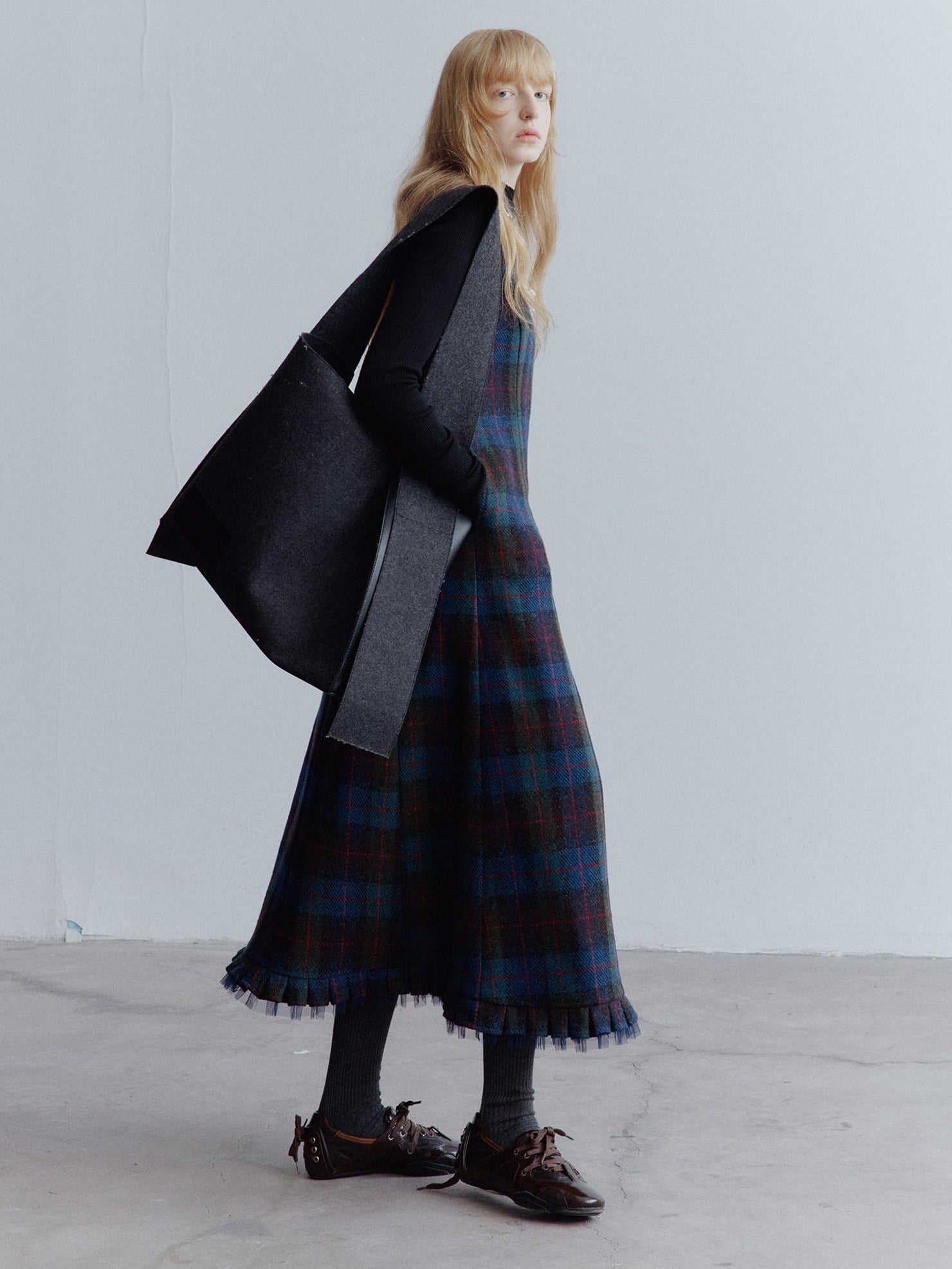FUSSED Waist Cinch Preppy A Line Mesh Back Zipper Wool Sleeveless Maxi Dresses