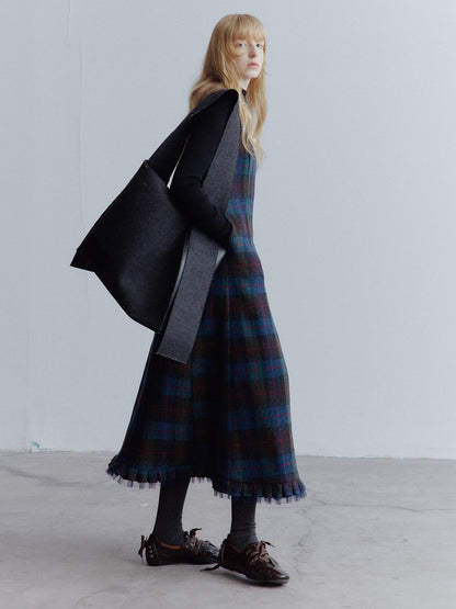 FUSSED Waist Cinch Preppy A Line Mesh Back Zipper Wool Sleeveless Maxi Dresses