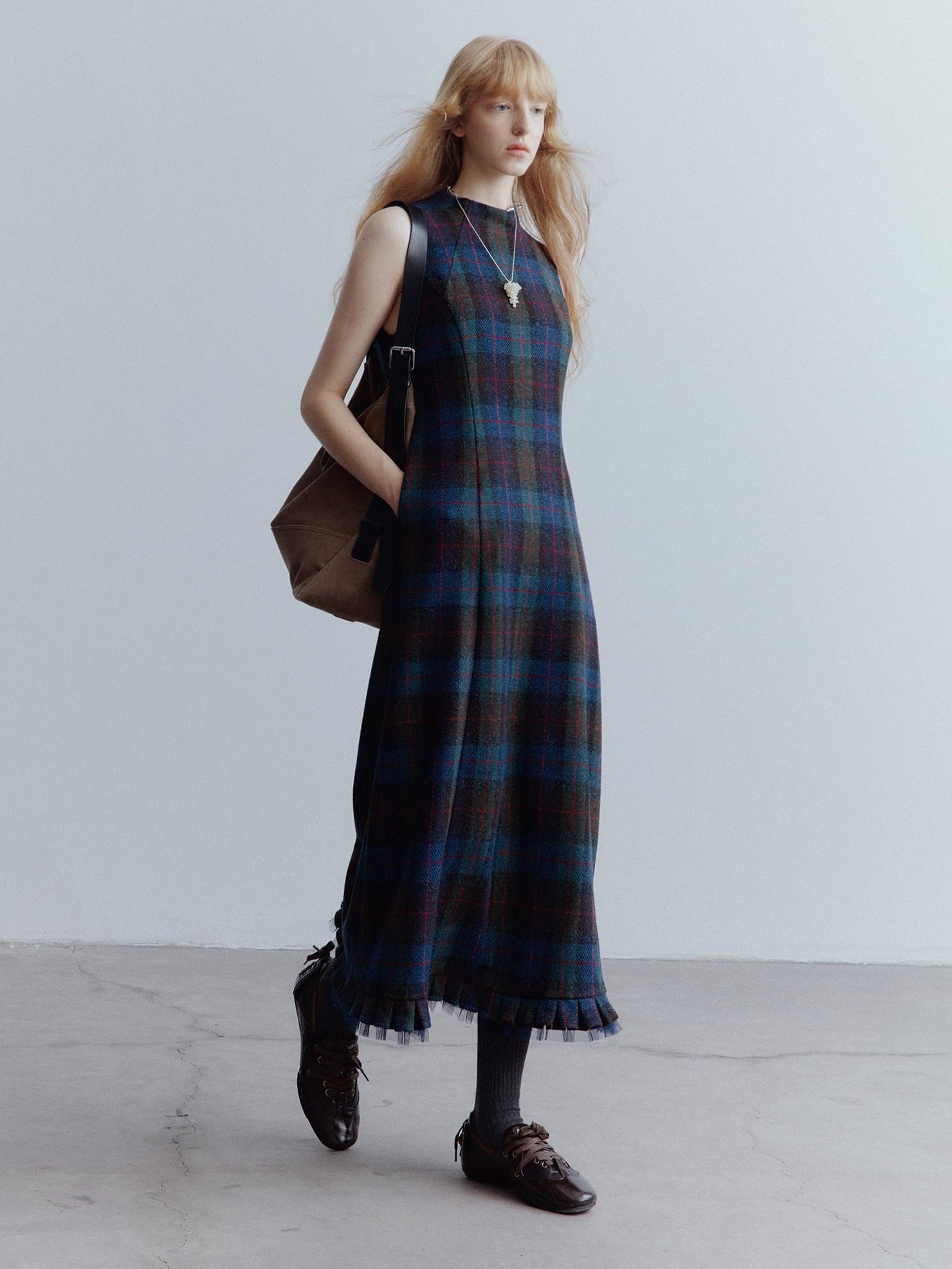 FUSSED Waist Cinch Preppy A Line Mesh Back Zipper Wool Sleeveless Maxi Dresses