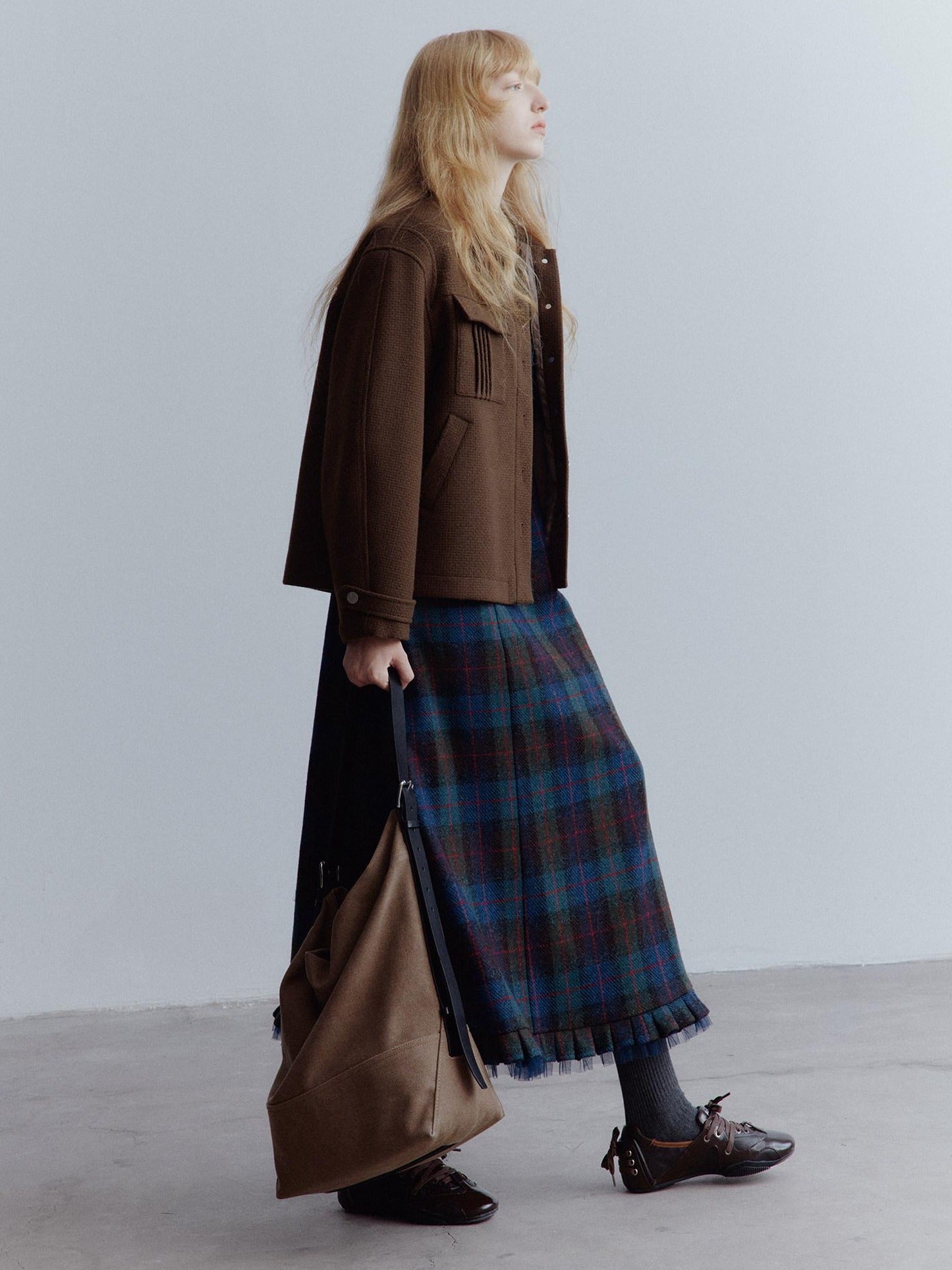 FUSSED Waist Cinch Preppy A Line Mesh Back Zipper Wool Sleeveless Maxi Dresses