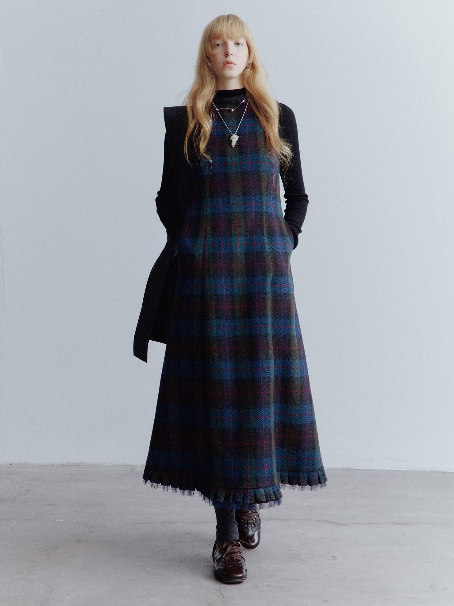 FUSSED Waist Cinch Preppy A Line Mesh Back Zipper Wool Sleeveless Maxi Dresses