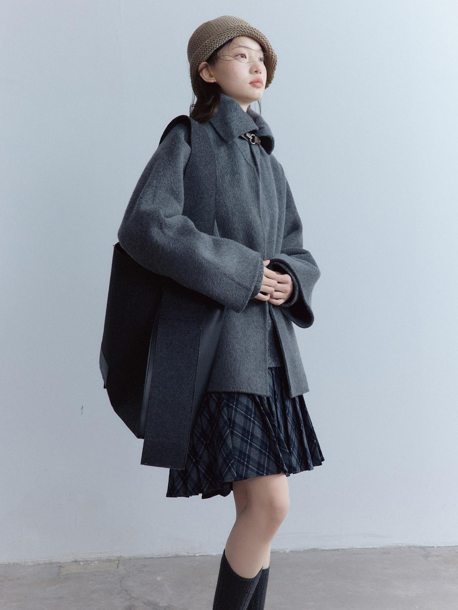 FUSSED Warm Thick Loose Preppy Cute Notched Collar Single Button Women Dark Gray Coat