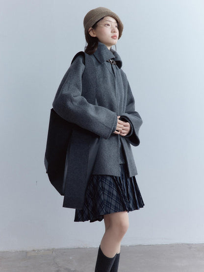FUSSED Warm Thick Loose Preppy Cute Notched Collar Single Button Women Dark Gray Coat
