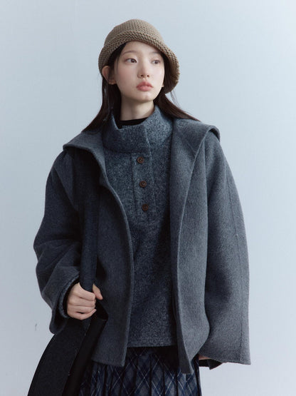 FUSSED Warm Thick Loose Preppy Cute Notched Collar Single Button Women Dark Gray Coat