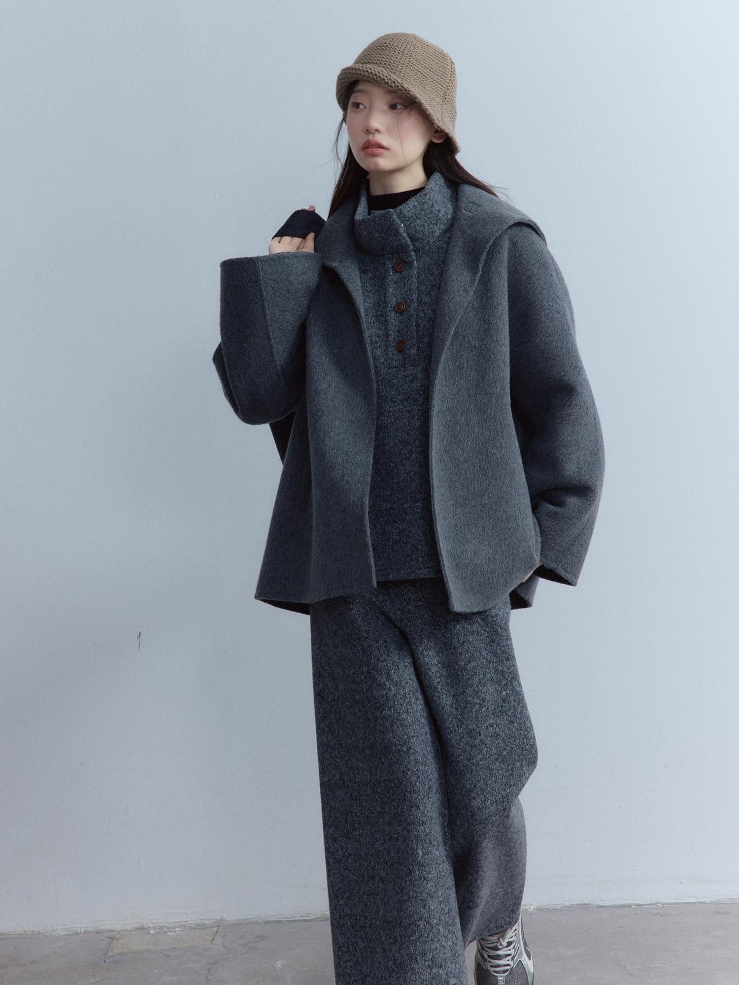 FUSSED Warm Thick Loose Preppy Cute Notched Collar Single Button Women Dark Gray Coat