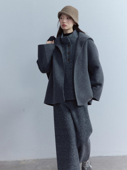 FUSSED Warm Thick Loose Preppy Cute Notched Collar Single Button Women Dark Gray Coat