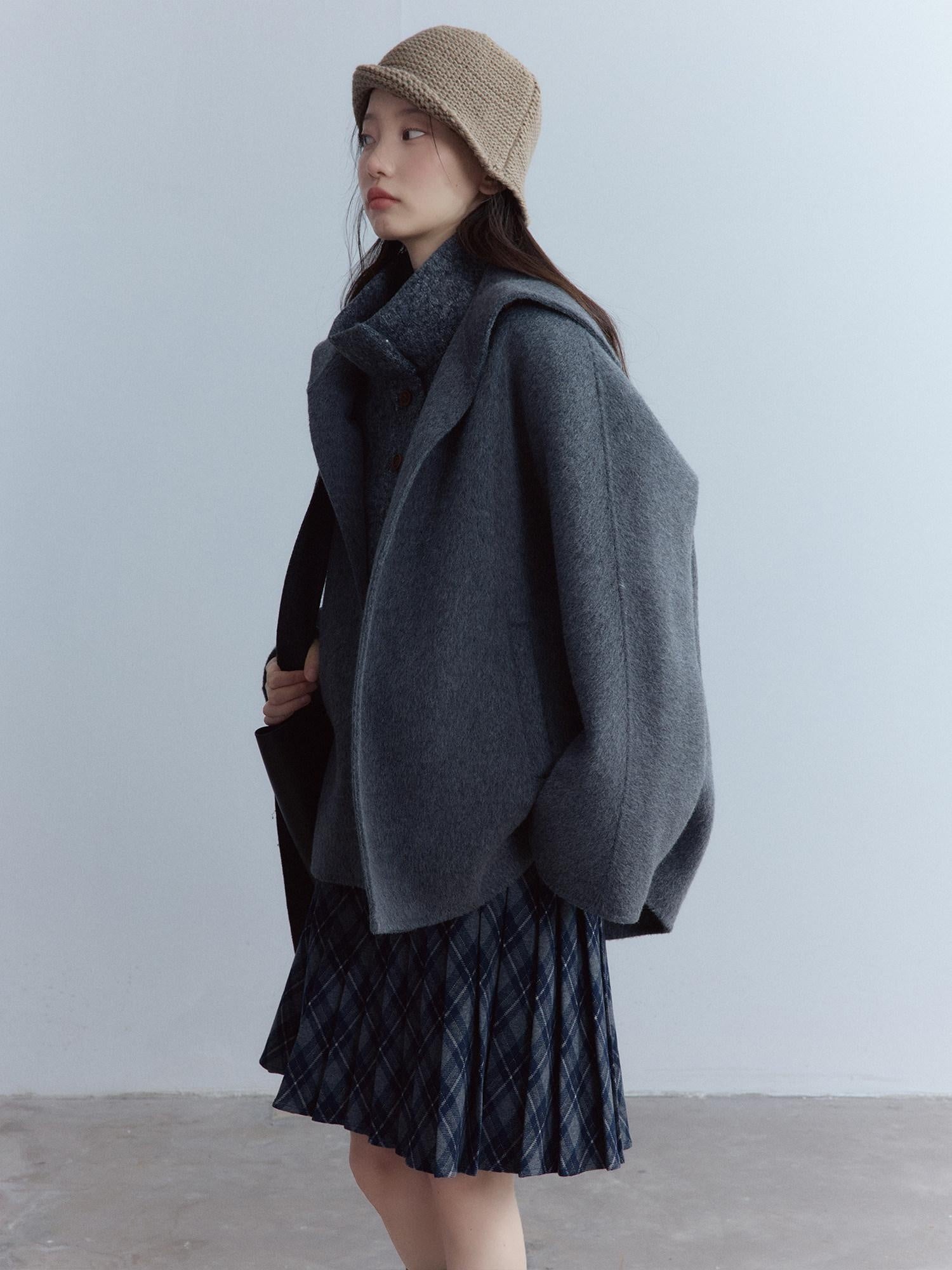 FUSSED Warm Thick Loose Preppy Cute Notched Collar Single Button Women Dark Gray Coat
