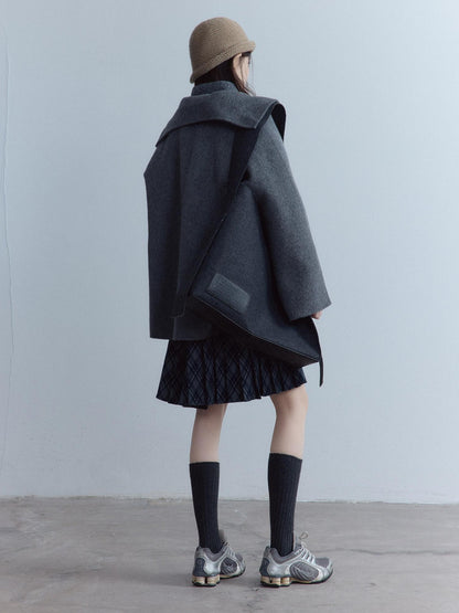 FUSSED Warm Thick Loose Preppy Cute Notched Collar Single Button Women Dark Gray Coat