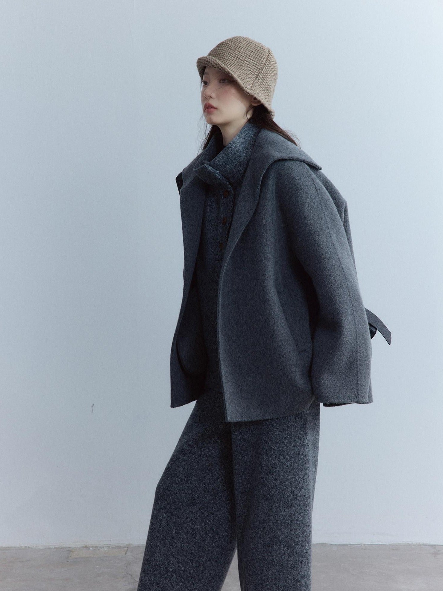 FUSSED Warm Thick Loose Preppy Cute Notched Collar Single Button Women Dark Gray Coat