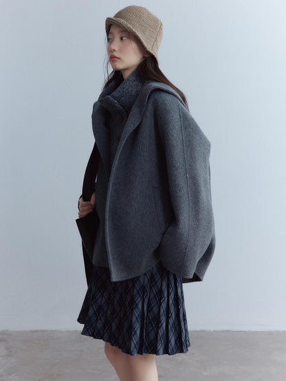 FUSSED Warm Thick Loose Preppy Cute Notched Collar Single Button Women Dark Gray Coat