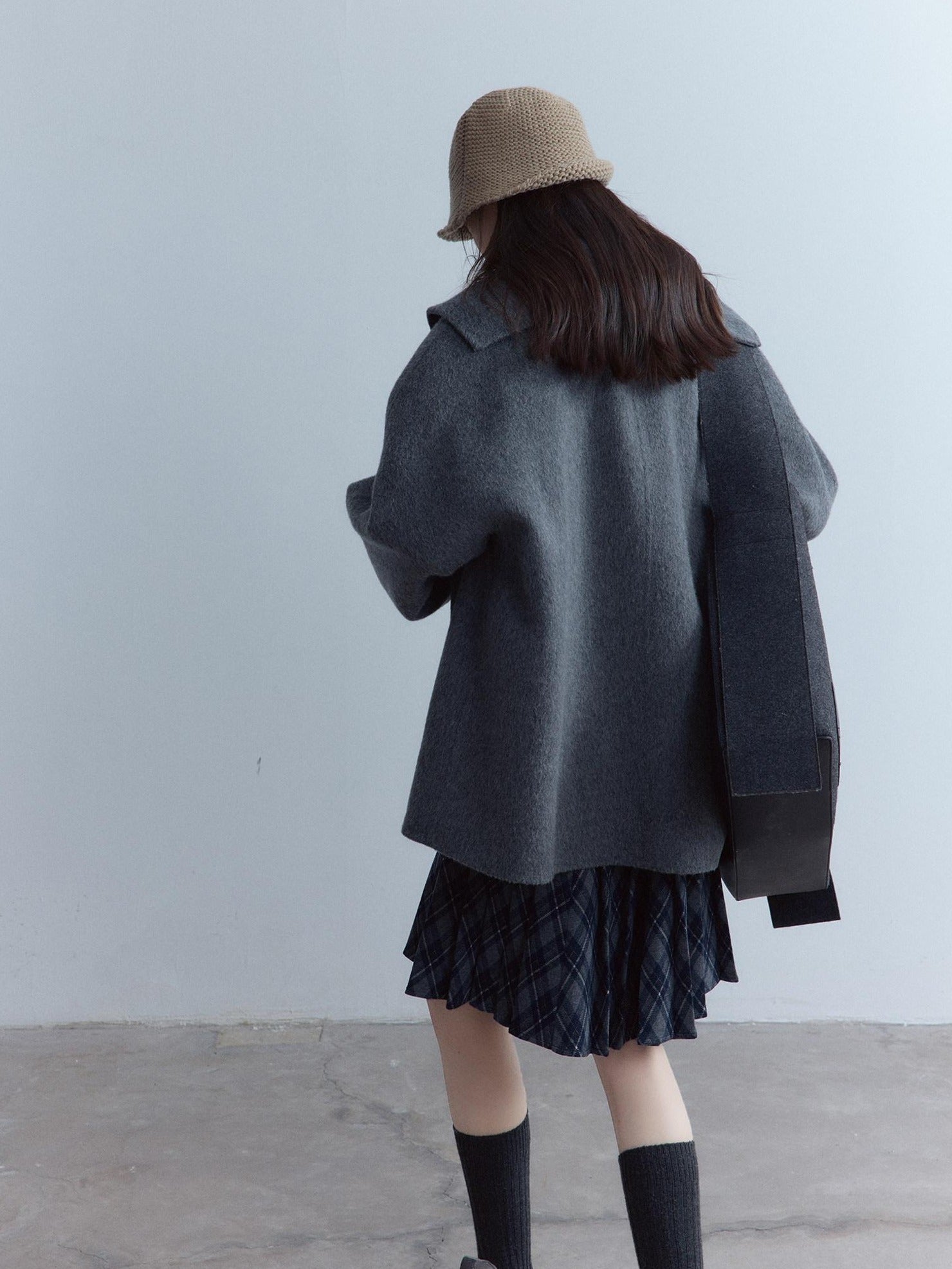 FUSSED Warm Thick Loose Preppy Cute Notched Collar Single Button Women Dark Gray Coat