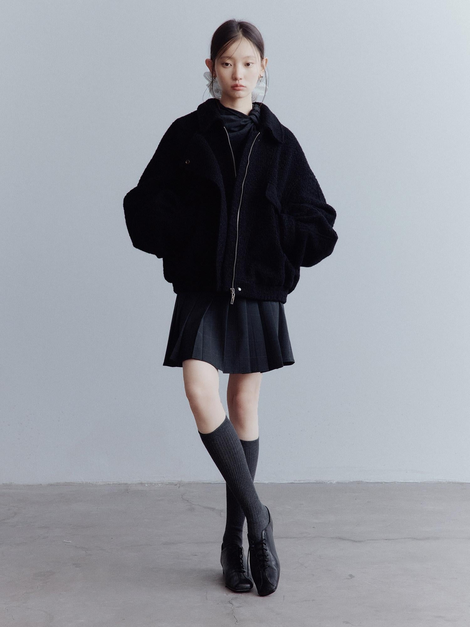 FUSSED Warm Thick Oversized Vintage Lapel Zipper Women Casual Solid Black Jacket