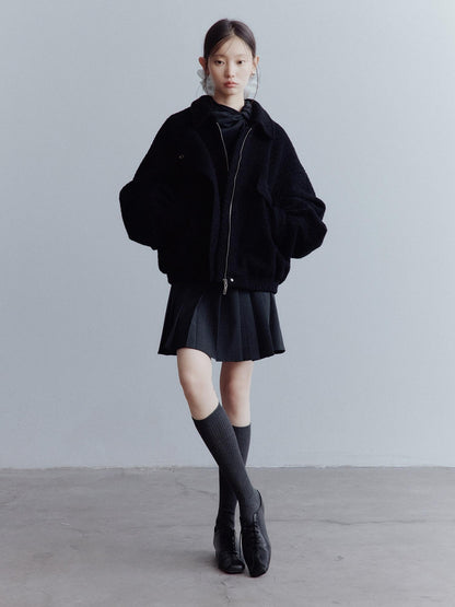 FUSSED Warm Thick Oversized Vintage Lapel Zipper Women Casual Solid Black Jacket