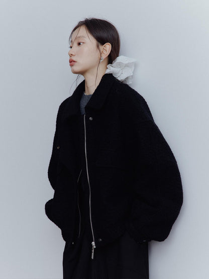 FUSSED Warm Thick Oversized Vintage Lapel Zipper Women Casual Solid Black Jacket