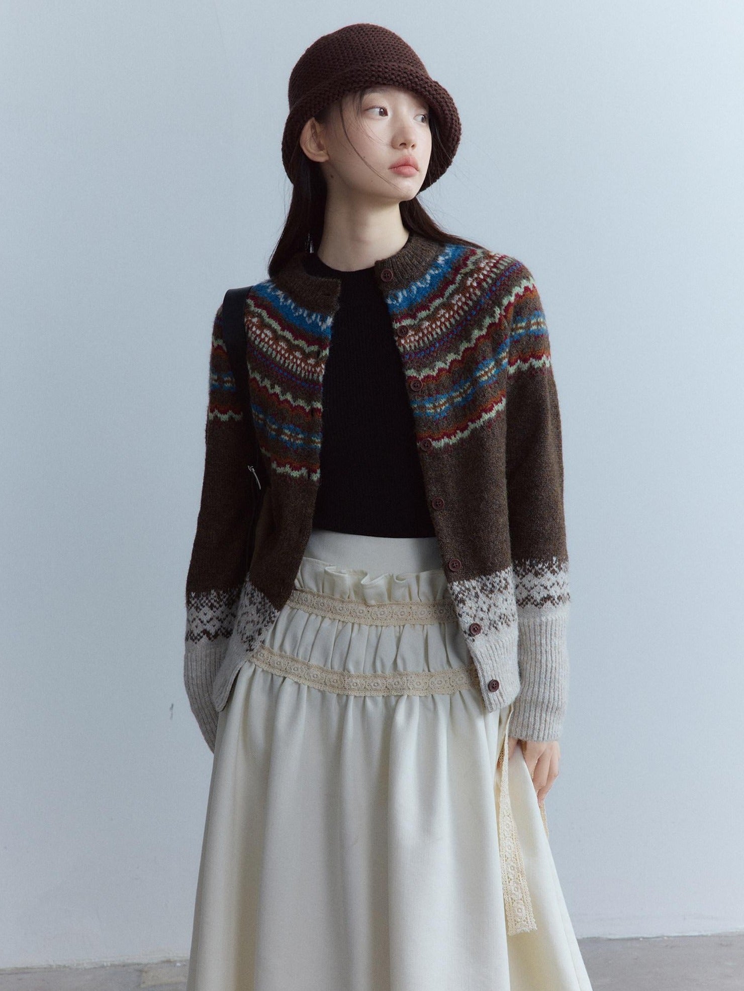 FUSSED Warm Thick Slim Jacquard Girly Raglan Crew Button Casual Fair Isle Cardigans