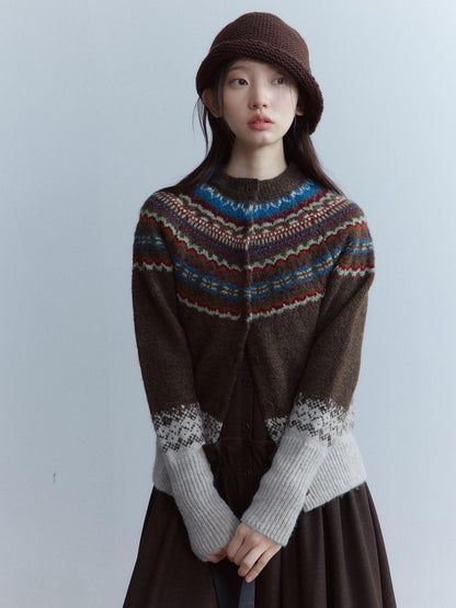 FUSSED Warm Thick Slim Jacquard Girly Raglan Crew Button Casual Fair Isle Cardigans