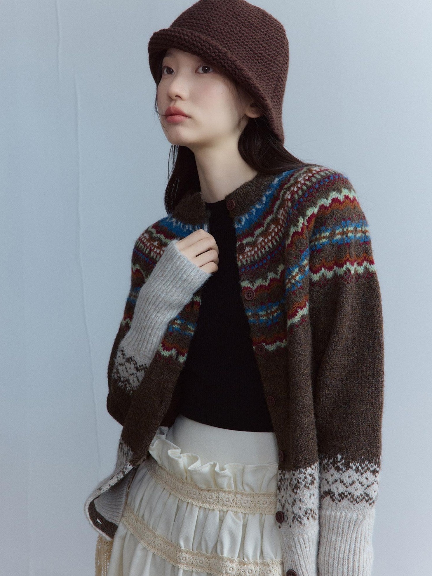 FUSSED Warm Thick Slim Jacquard Girly Raglan Crew Button Casual Fair Isle Cardigans