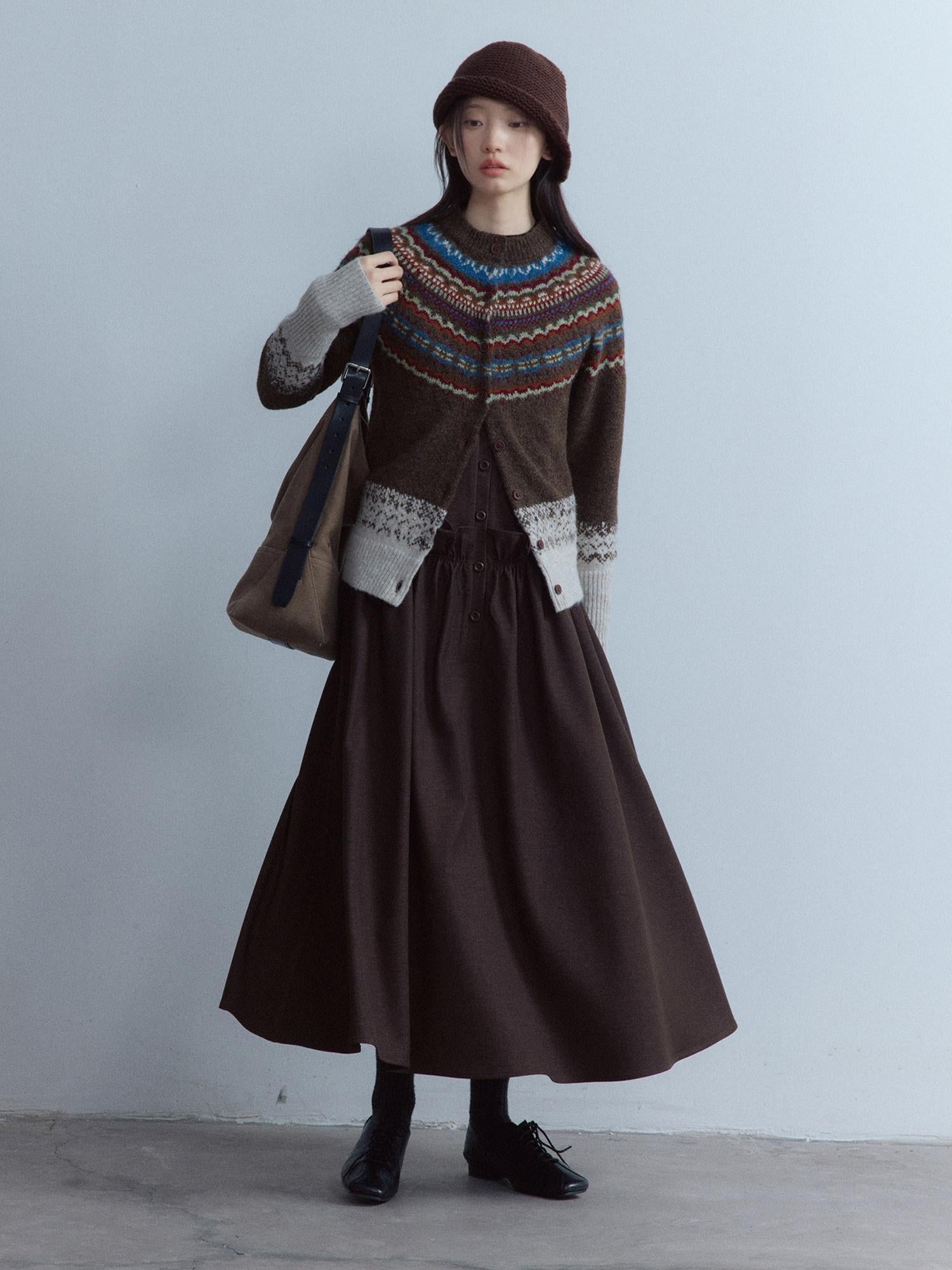 FUSSED Warm Thick Slim Jacquard Girly Raglan Crew Button Casual Fair Isle Cardigans