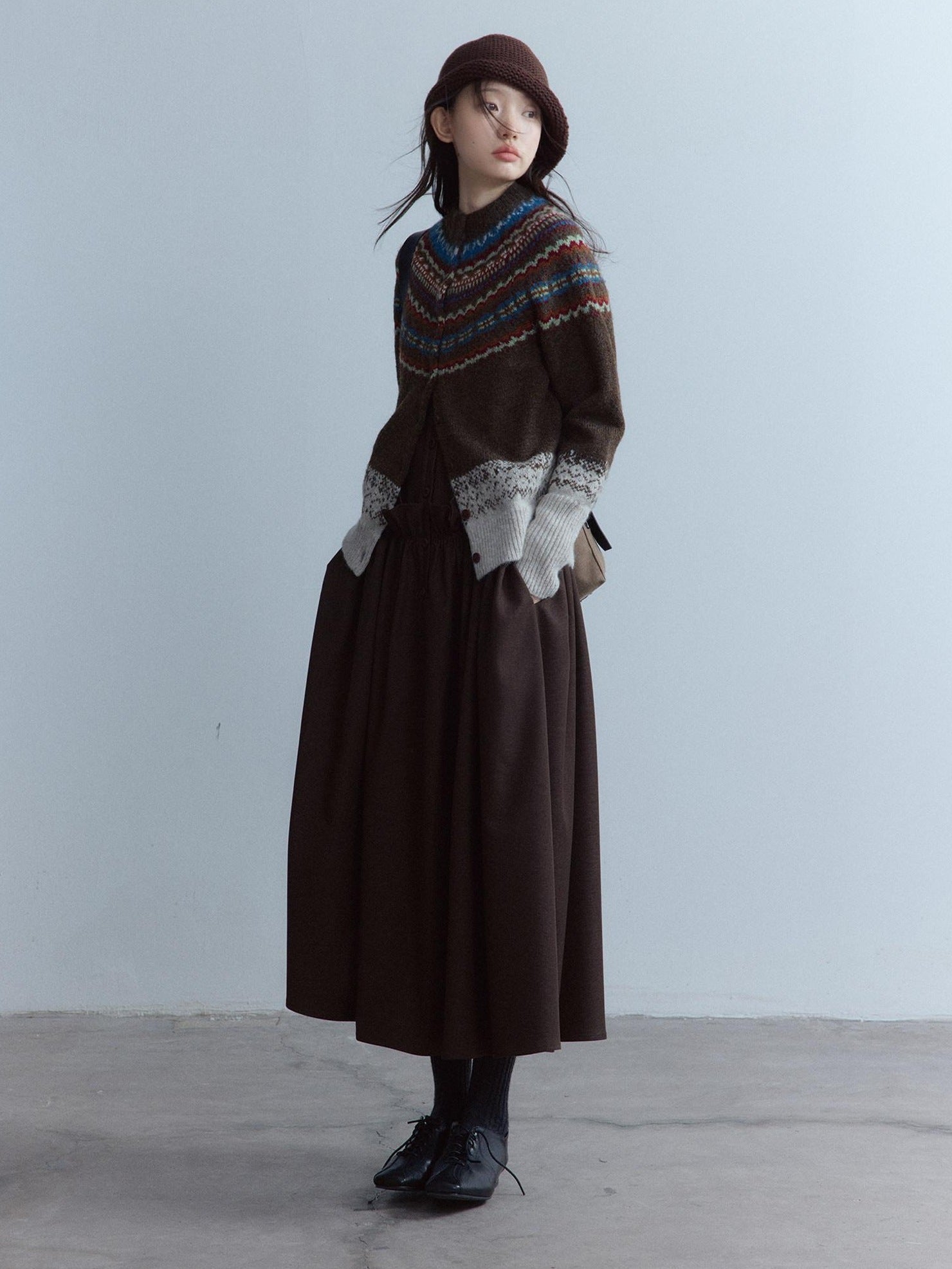 FUSSED Warm Thick Slim Jacquard Girly Raglan Crew Button Casual Fair Isle Cardigans