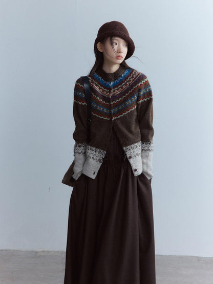 FUSSED Warm Thick Slim Jacquard Girly Raglan Crew Button Casual Fair Isle Cardigans