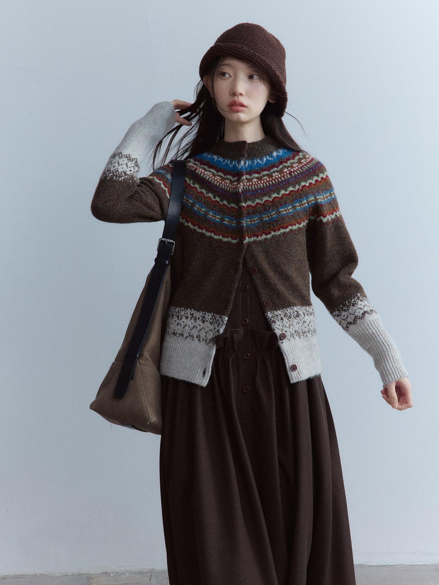 FUSSED Warm Thick Slim Jacquard Girly Raglan Crew Button Casual Fair Isle Cardigans