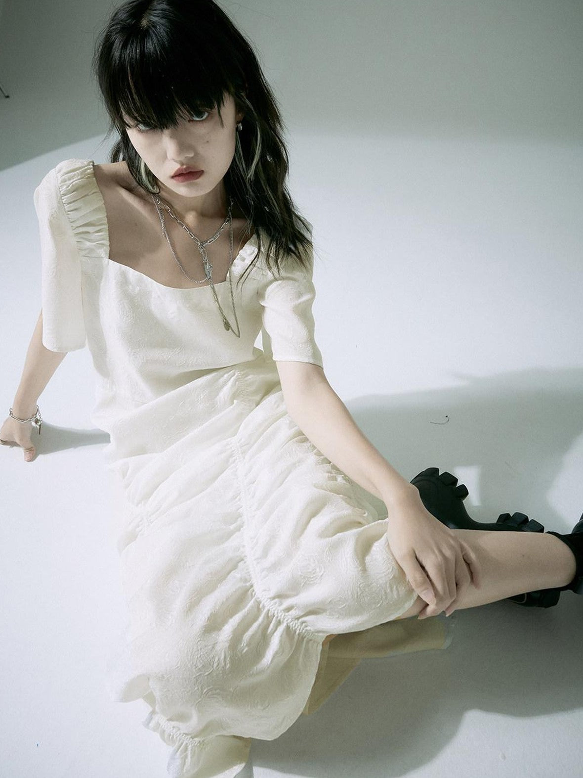 FUSSED White Jacquard Asymmetric Ruched Square Neck Women&