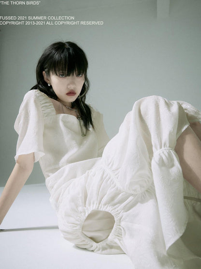 FUSSED White Jacquard Asymmetric Ruched Square Neck Women&