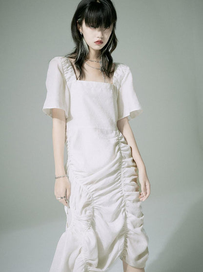 FUSSED White Jacquard Asymmetric Ruched Square Neck Women&
