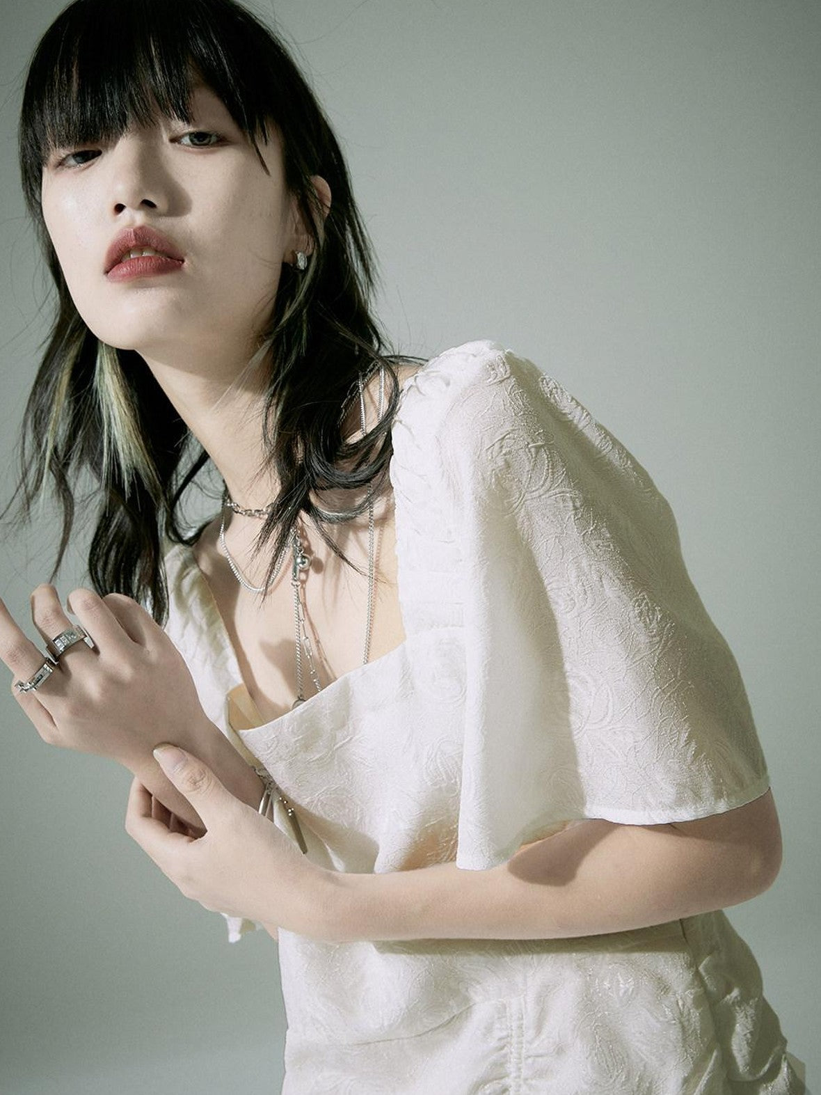 FUSSED White Jacquard Asymmetric Ruched Square Neck Women&