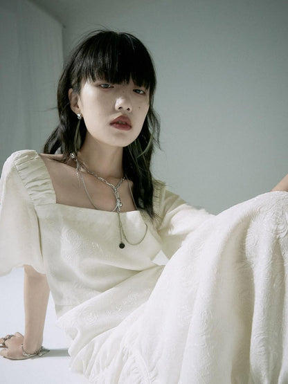 FUSSED White Jacquard Asymmetric Ruched Square Neck Women&