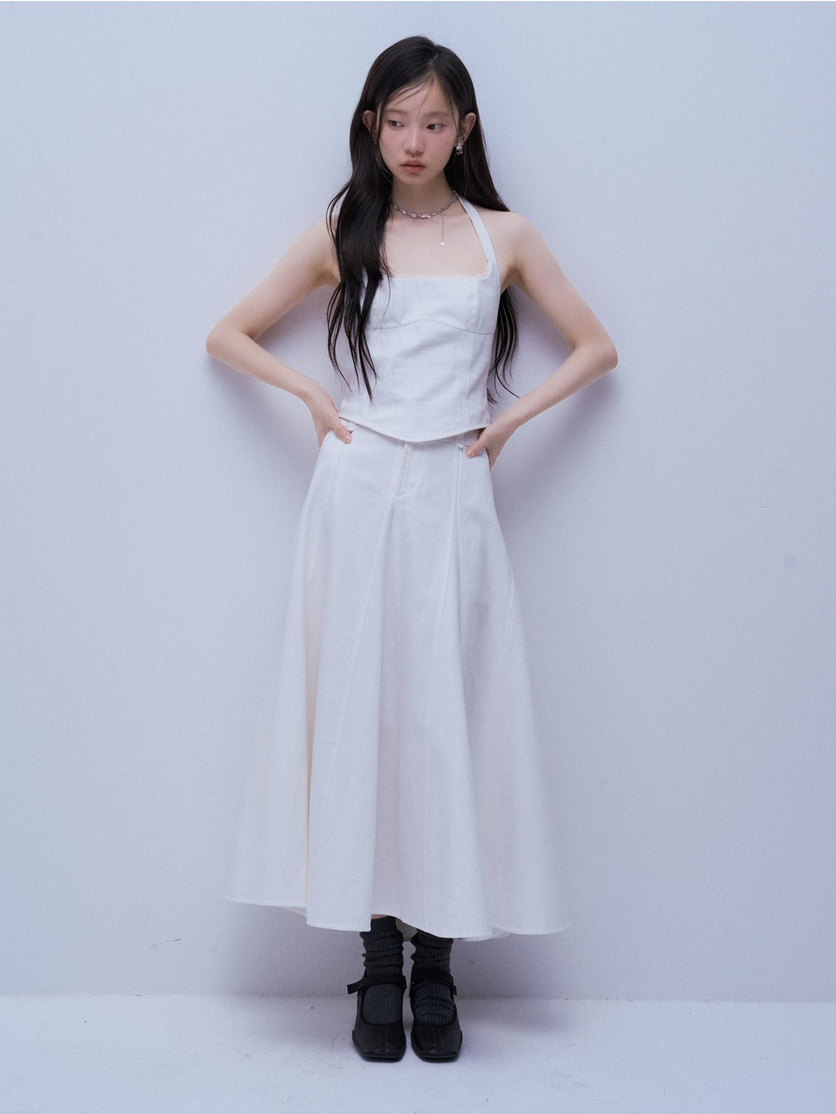 FUSSED White Lace Up U Neck Slim Fit Cotton Denim Women&