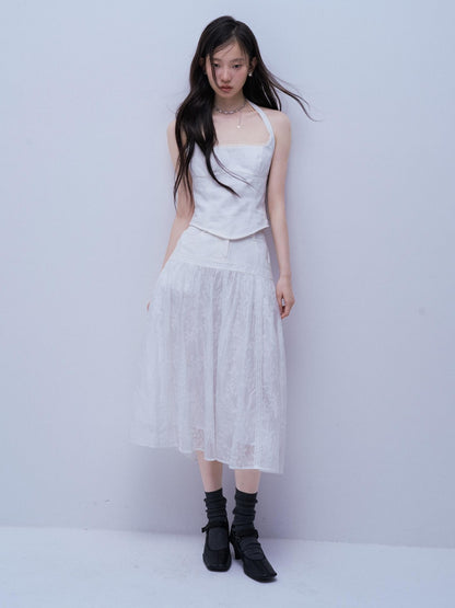 FUSSED White Lace Up U Neck Slim Fit Cotton Denim Women&