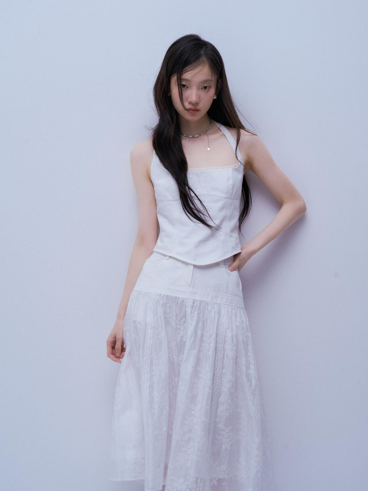 FUSSED White Lace Up U Neck Slim Fit Cotton Denim Women&