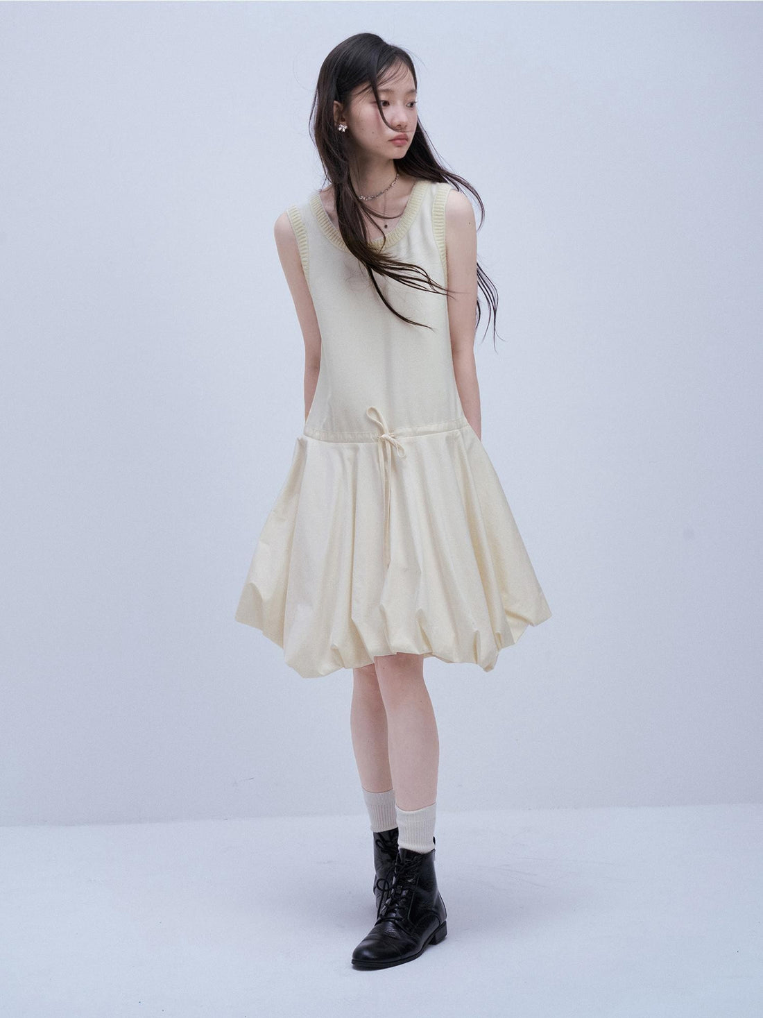 FUSSED White Mohair Collar Spliced Bubble Hem Women&
