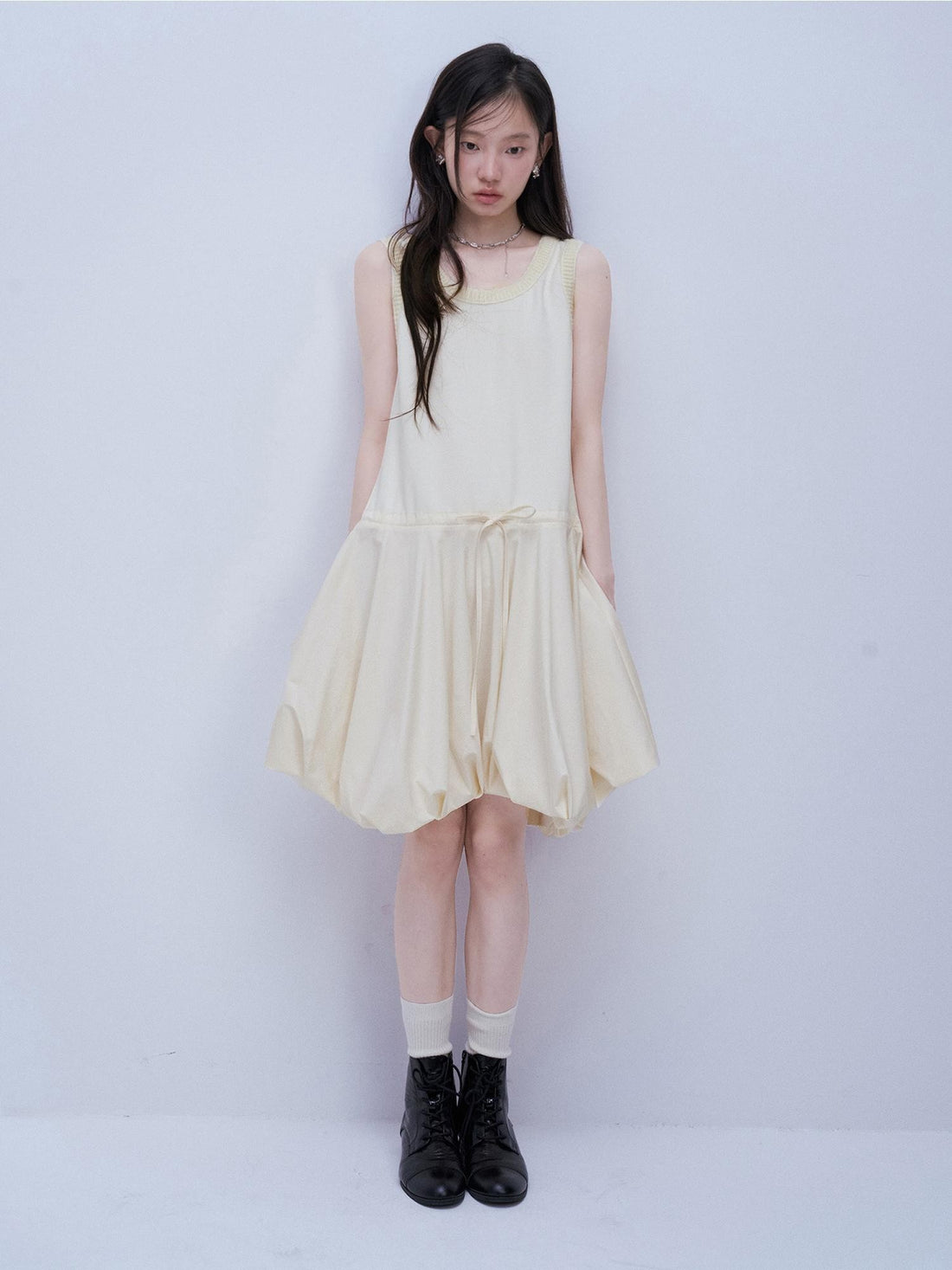 FUSSED White Mohair Collar Spliced Bubble Hem Women&