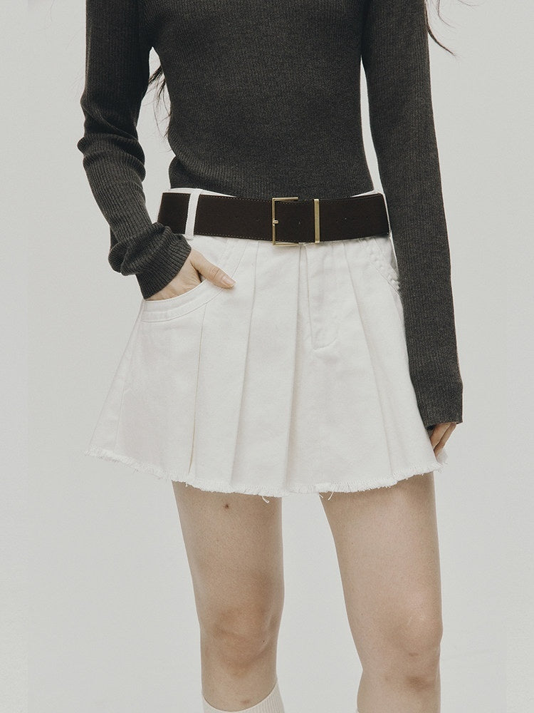 FUSSED_White_Raw_Hem_Pleated_A_Line_Topstitch_Women&