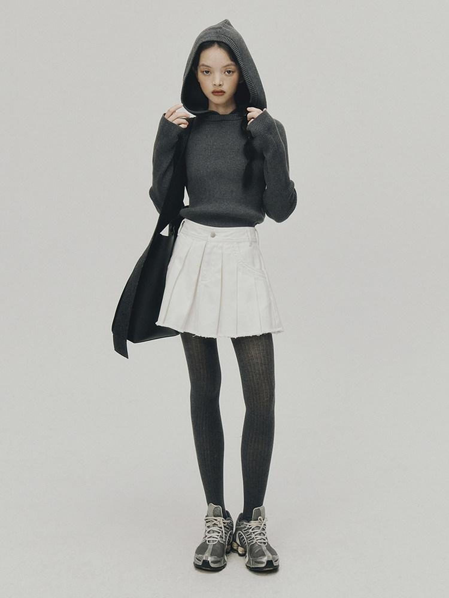 FUSSED White Raw Hem Pleated A Line Topstitch Women&